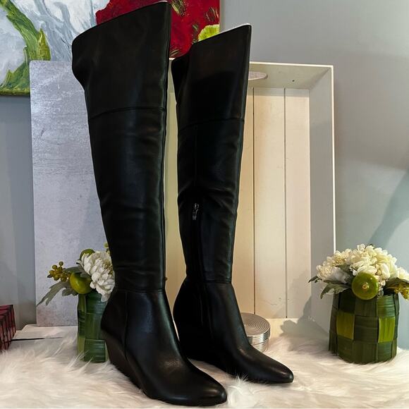 NEW Via Spiga Leather Wedge Over the Knee Kennedy OTK Wedge Heel Boots Black S… - Picture 14 of 16